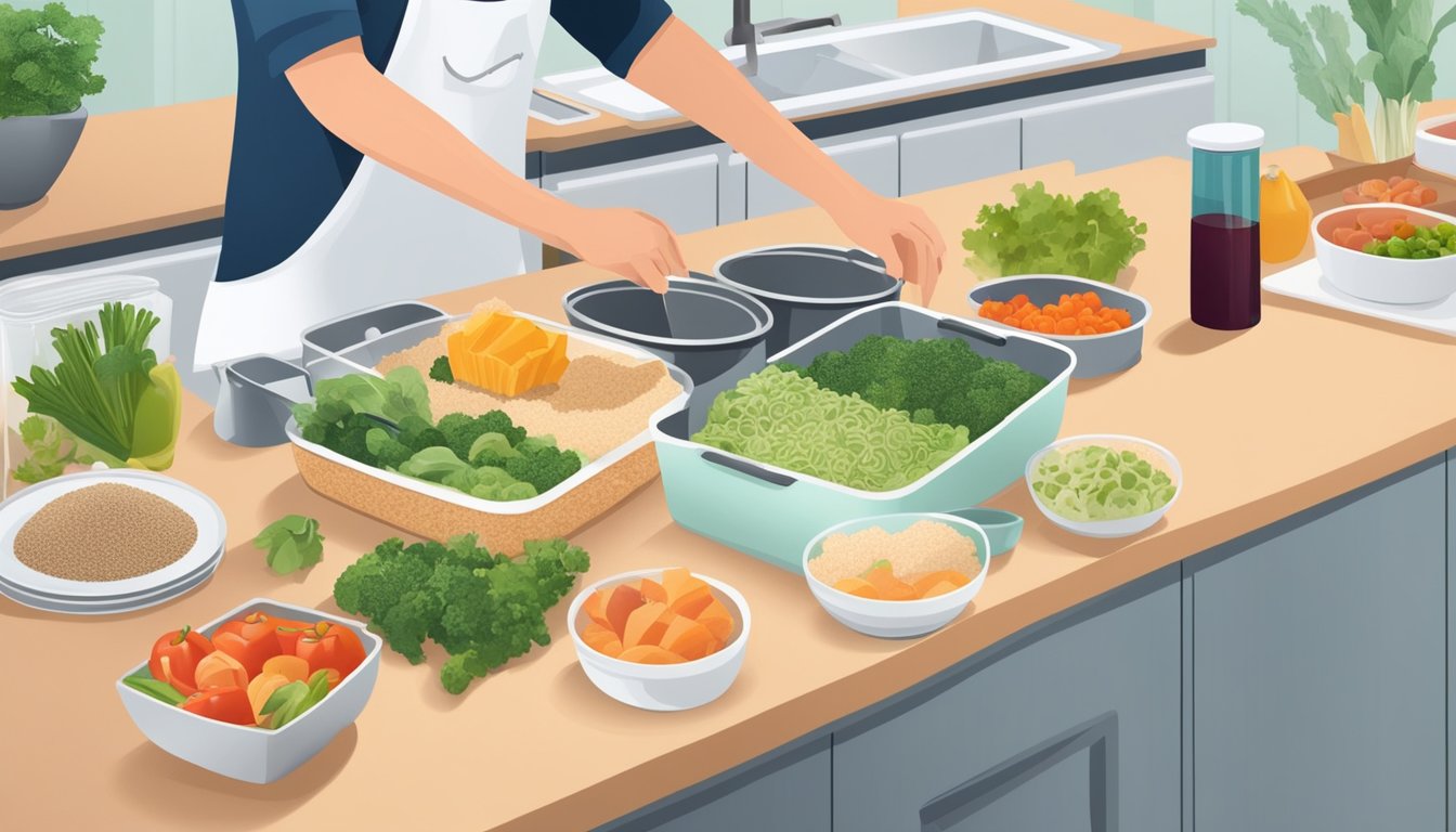 A person with diabetes preparing a meal using vialone nano rice and various healthy ingredients, such as vegetables and lean protein, on a clean and organized kitchen counter