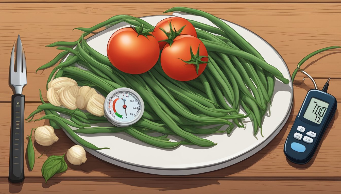 A plate of yardlong beans, tomatoes, and garlic on a wooden cutting board, with a measuring tape and a blood glucose monitor nearby