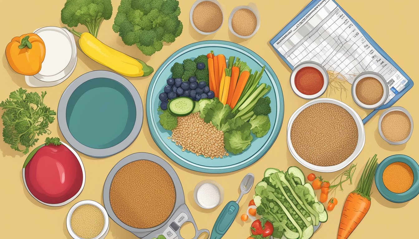 A colorful plate with wampi, whole grains, vegetables, and lean protein, surrounded by a measuring cup and a blood glucose monitor