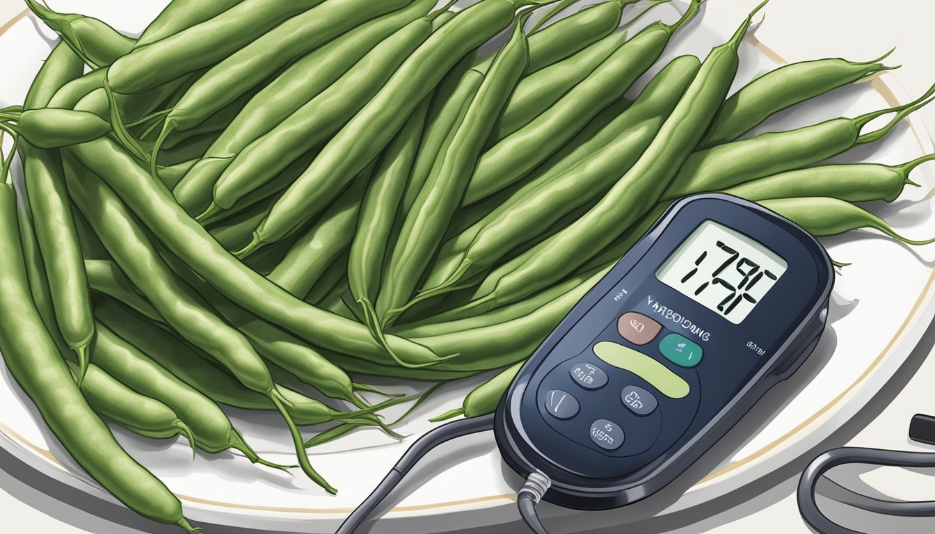 A plate of yardlong beans next to a blood glucose monitor