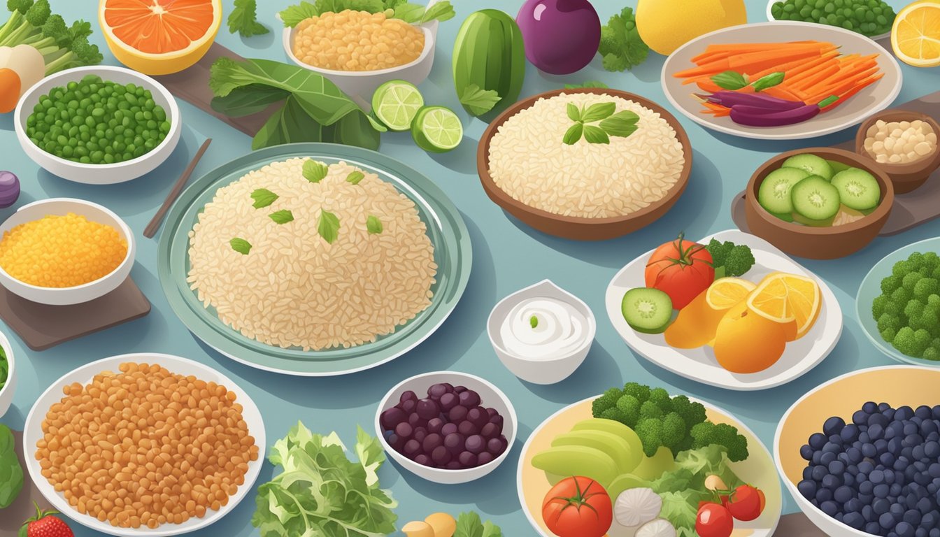 A plate of vialone nano rice surrounded by a variety of colorful, healthy foods, such as vegetables, fruits, and lean proteins, on a dining table