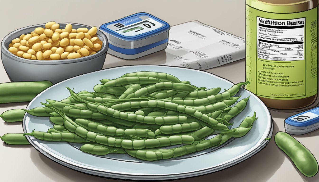 A plate of yardlong beans next to a diabetes medication bottle and a nutrition label