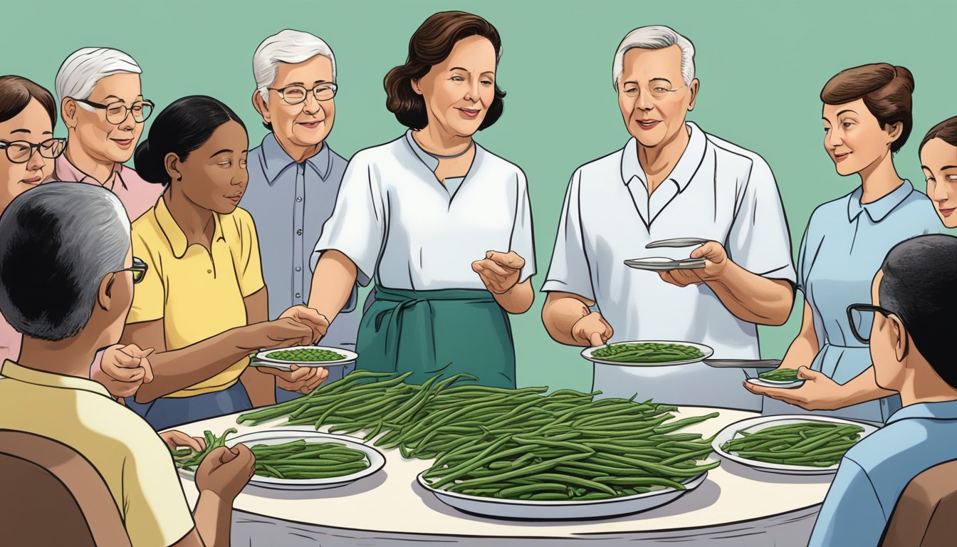 A dietician gestures towards a plate of yardlong beans, while a group of diabetic patients listen attentively