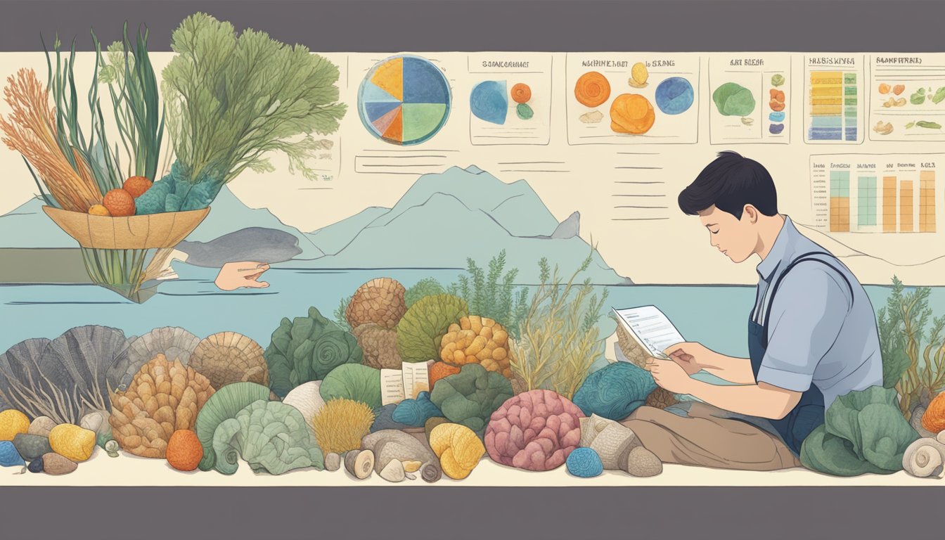 A colorful array of whelks, seaweed, and nutritional charts, with a diabetic person pondering their suitability