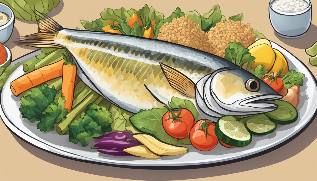 A plate of yellowtail fish with a variety of colorful vegetables and whole grains arranged around it, symbolizing a balanced and healthy diabetic-friendly meal