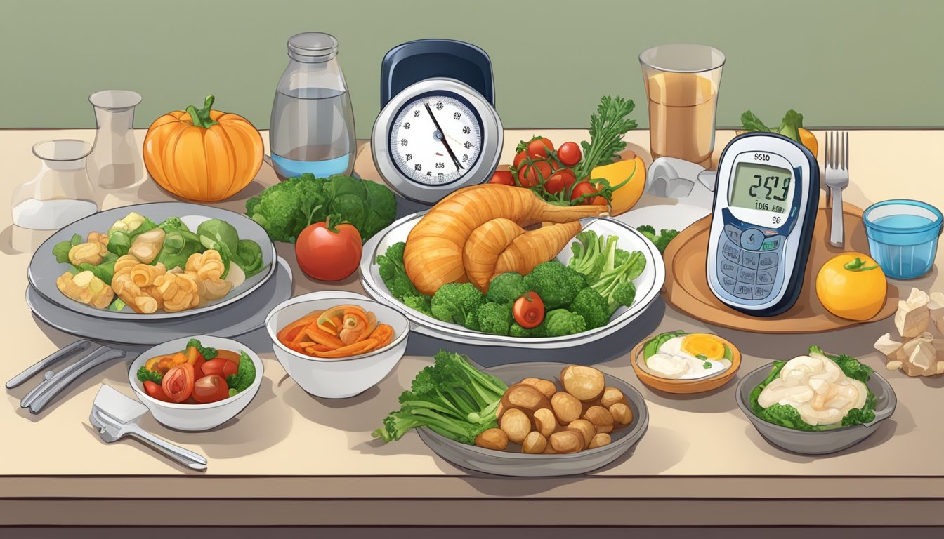 A table set with a diabetic-friendly meal including whelks, vegetables, and a blood glucose monitor