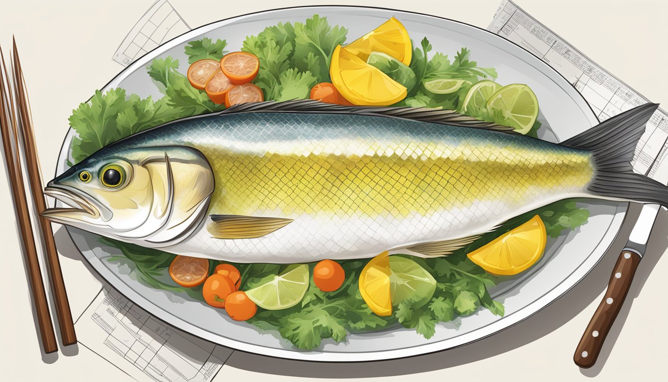 A plate of yellowtail with vegetables and a nutritional chart