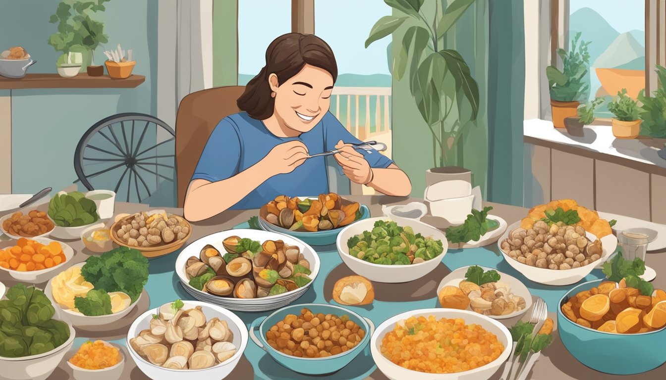 A person with diabetes happily eating a plate of cooked whelks with a variety of alternative diabetic-friendly foods on the table