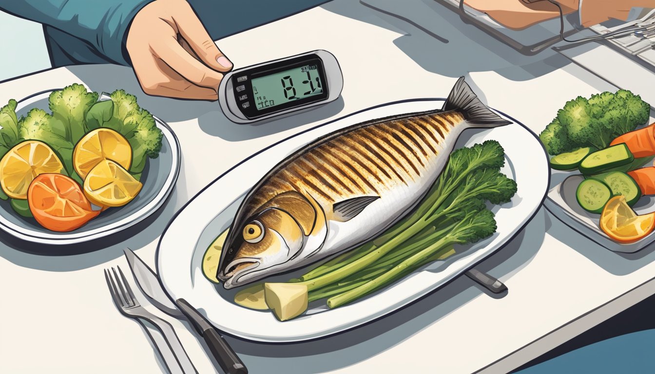 A diabetic person enjoying a plate of grilled yellowtail with a side of steamed vegetables, while a heart rate monitor shows stable readings