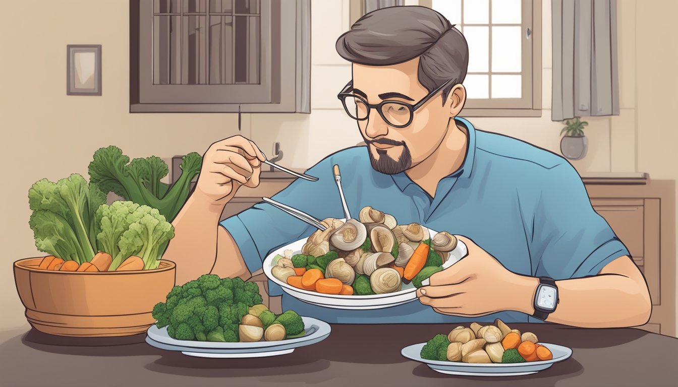 A diabetic person enjoying a plate of cooked whelks with a side of vegetables, carefully monitoring their blood sugar levels