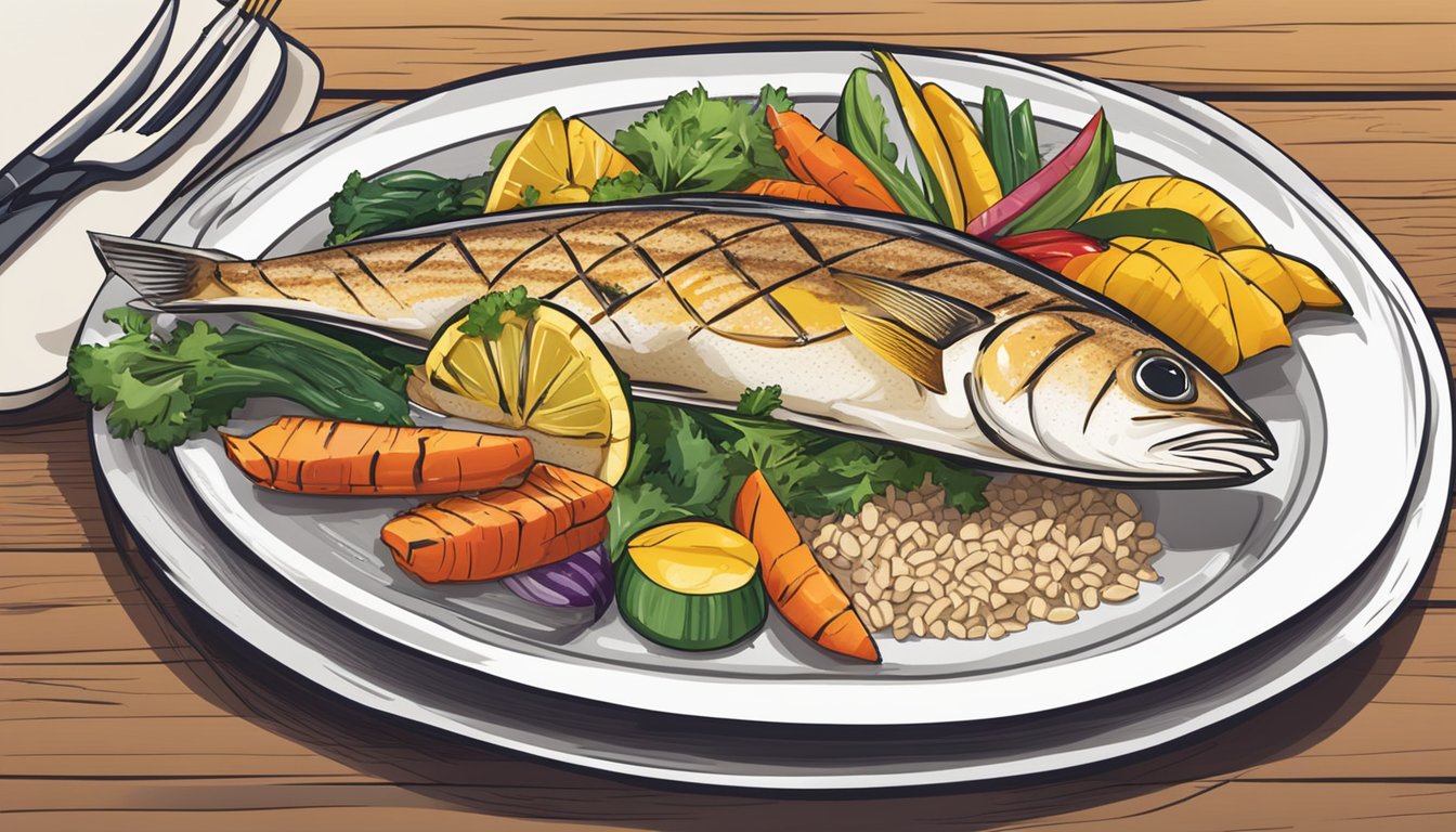 A plate of grilled yellowtail with colorful vegetables and a side of whole grain rice on a wooden table