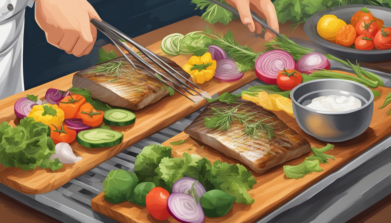 A chef carefully grills yellowtail fillets with a variety of colorful vegetables and herbs, creating a visually appealing and healthy dish