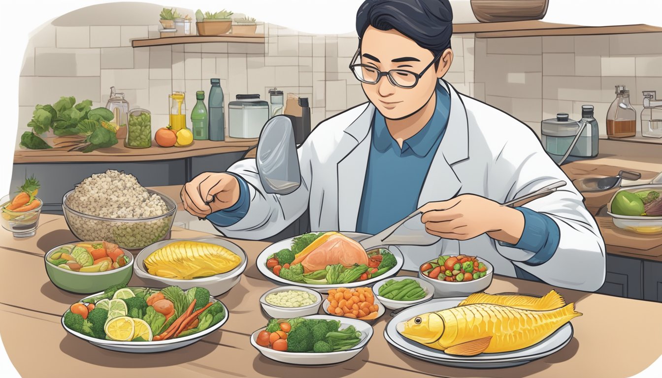 A diabetic person carefully examines a plate of yellowtail, surrounded by various food options and a nutrition guide