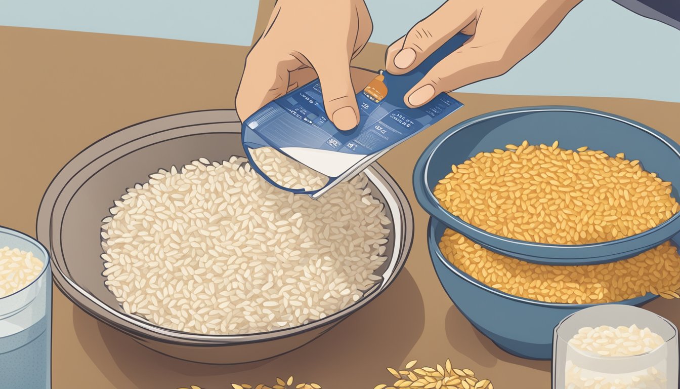 A person with diabetes choosing between different types of rice, including wehani rice, while reading a nutrition label