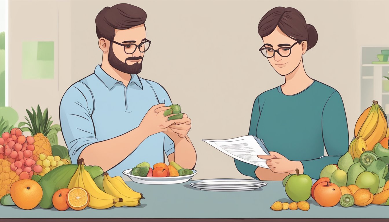 A person with diabetes holds a plate of fruits, including zalacca, while reading a nutrition label and consulting a dietitian