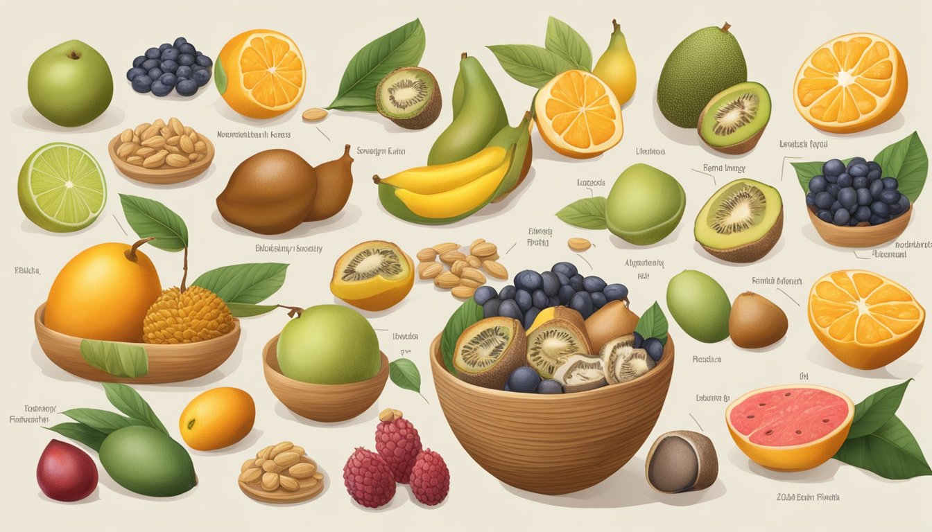 A variety of zalacca fruit with a nutritional label, surrounded by a selection of diabetic-friendly foods