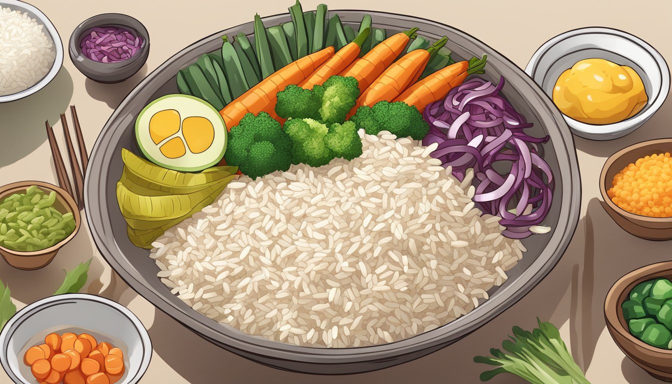 A bowl of cooked Wehani rice surrounded by colorful vegetables and a diabetic-friendly meal