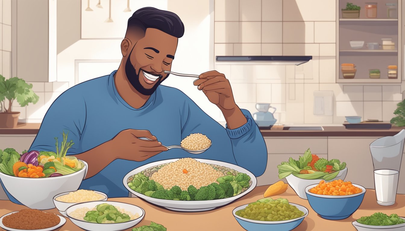 A diabetic person happily eating a bowl of wehani rice with a variety of healthy toppings like vegetables and lean protein