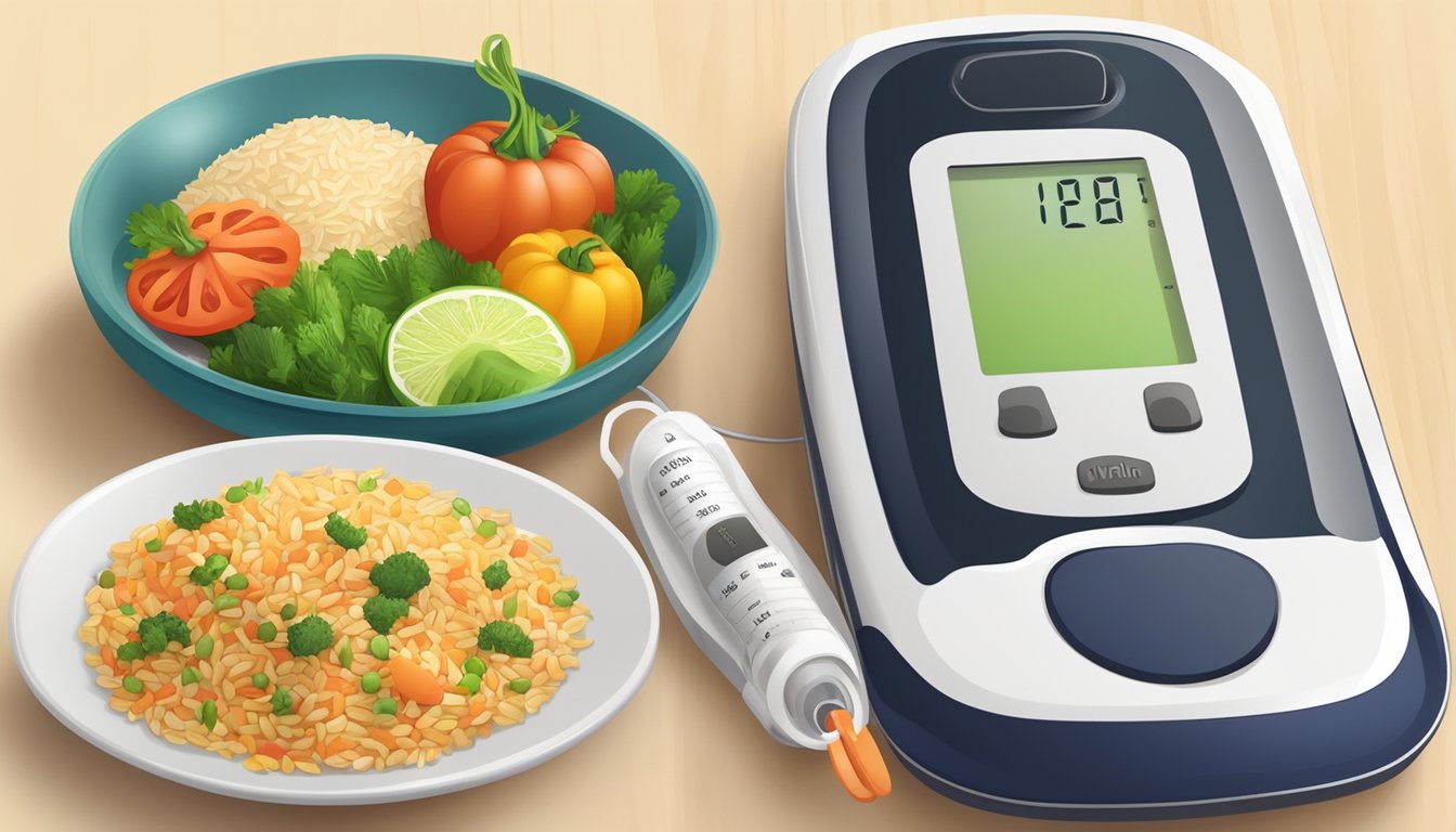 A colorful plate of wehani rice mixed with vegetables, alongside a blood glucose monitor and a smiling diabetic individual