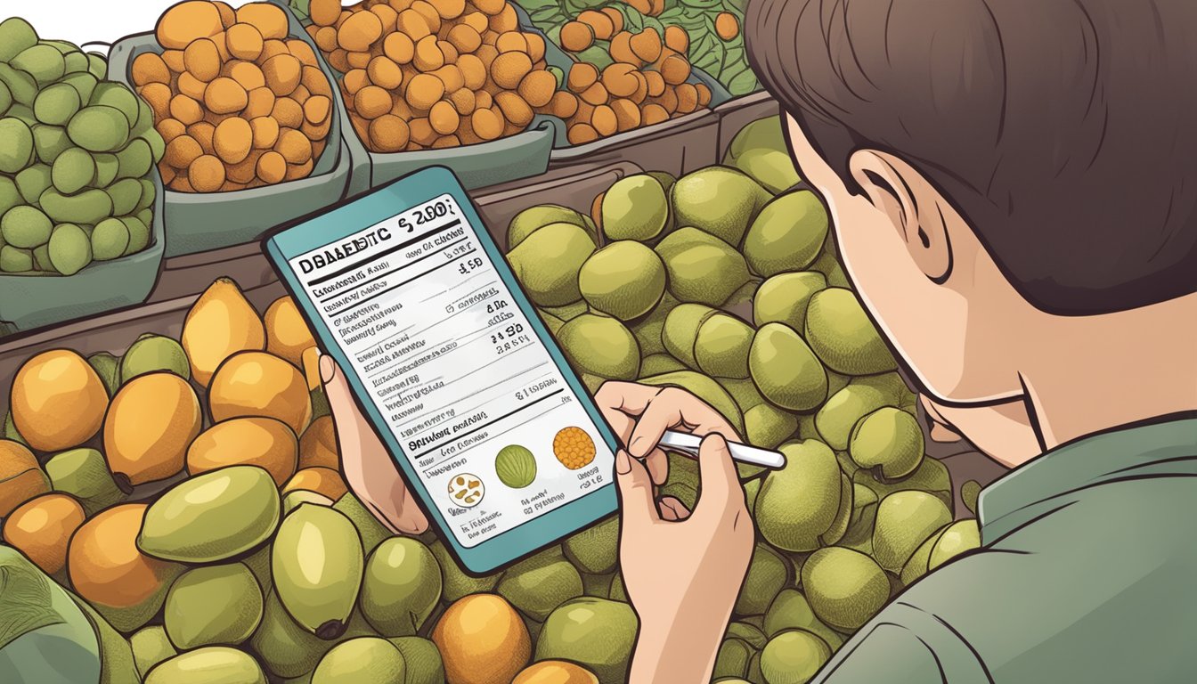 A diabetic person carefully examining a pile of zalacca fruit, while checking the nutrition labels for glycemic load and sugar content