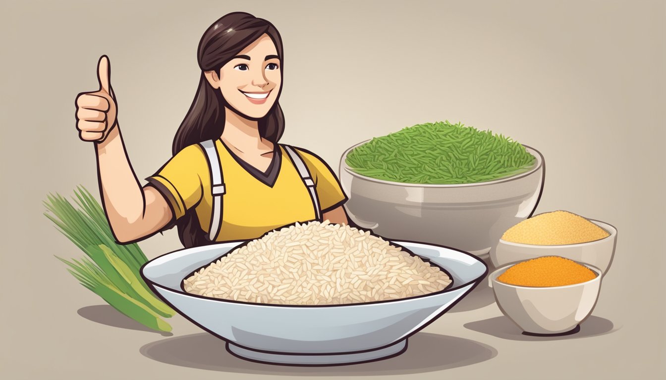 A dietician pointing to a bowl of wehani rice with a thumbs-up gesture