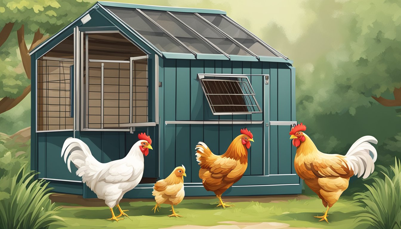 A backyard chicken coop with multiple chickens pecking at each other's feathers. Two chickens are separated in a smaller enclosure to prevent further pecking