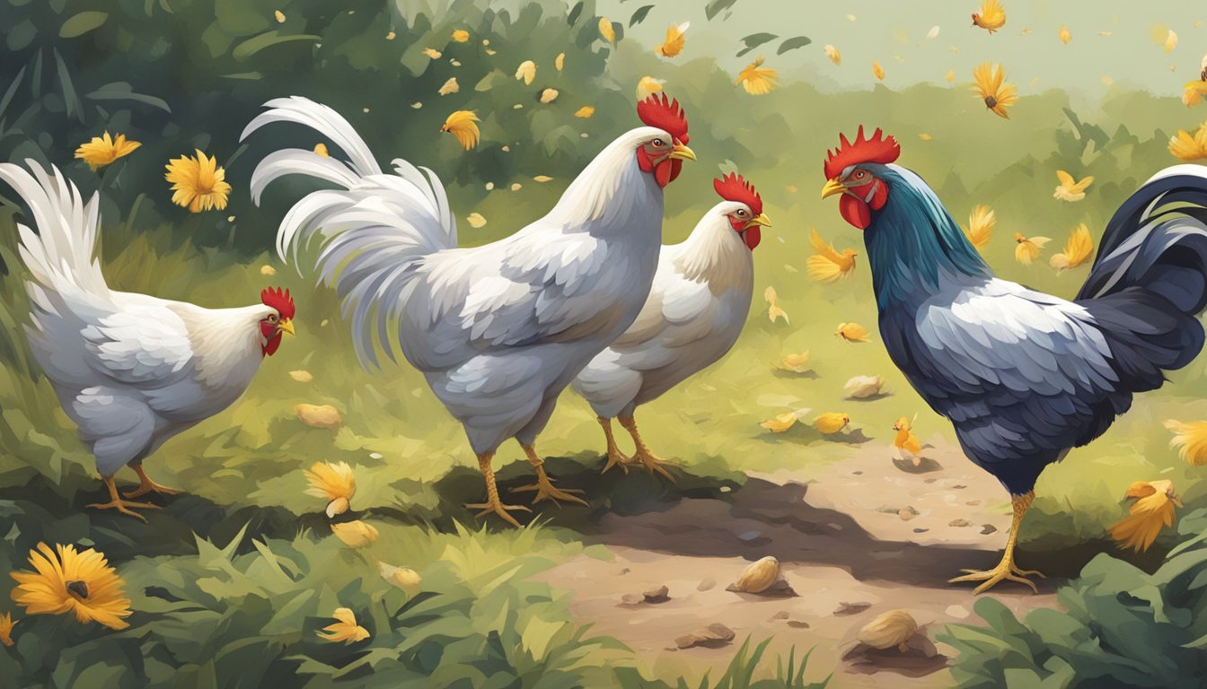 A group of backyard chickens pecking at the ground, with one chicken being pecked at by the others, feathers scattered around