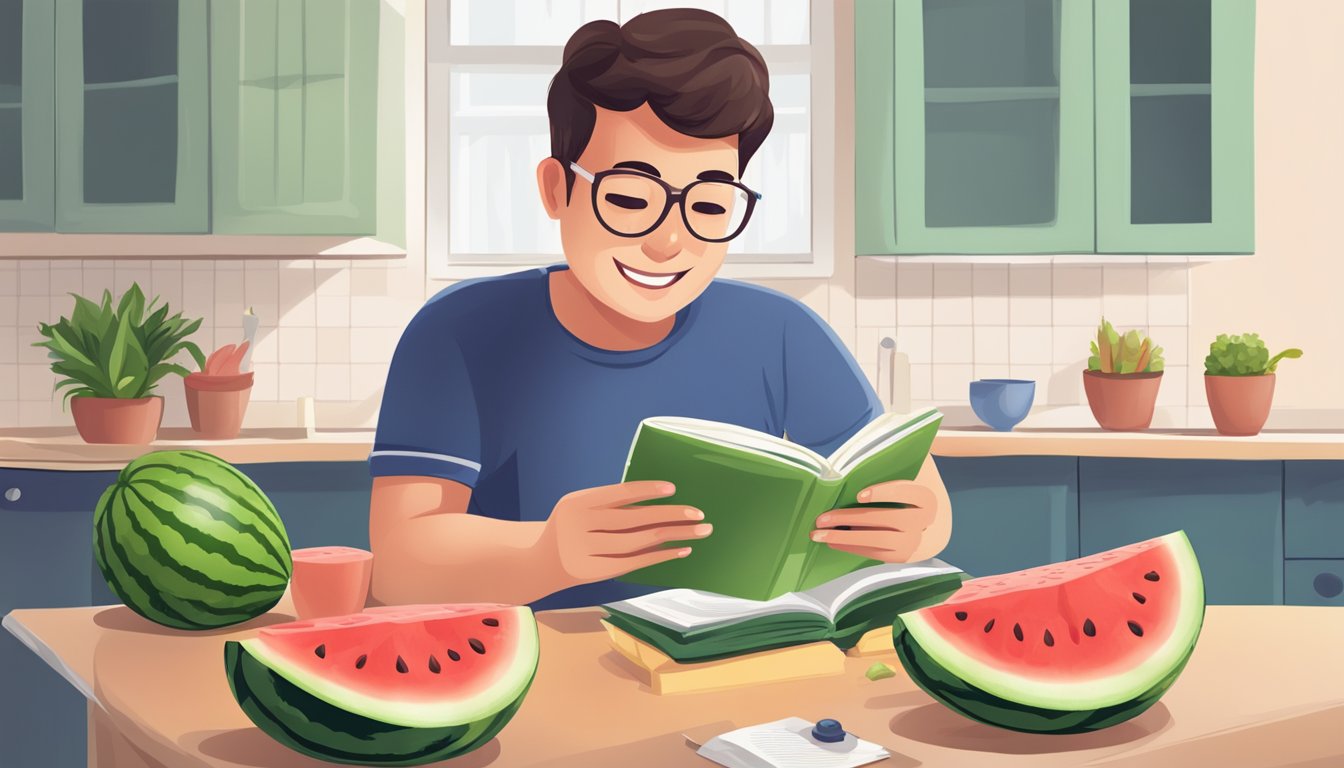 A diabetic person happily eating slices of xigua (watermelon) while reading a book on diabetes and dietary needs