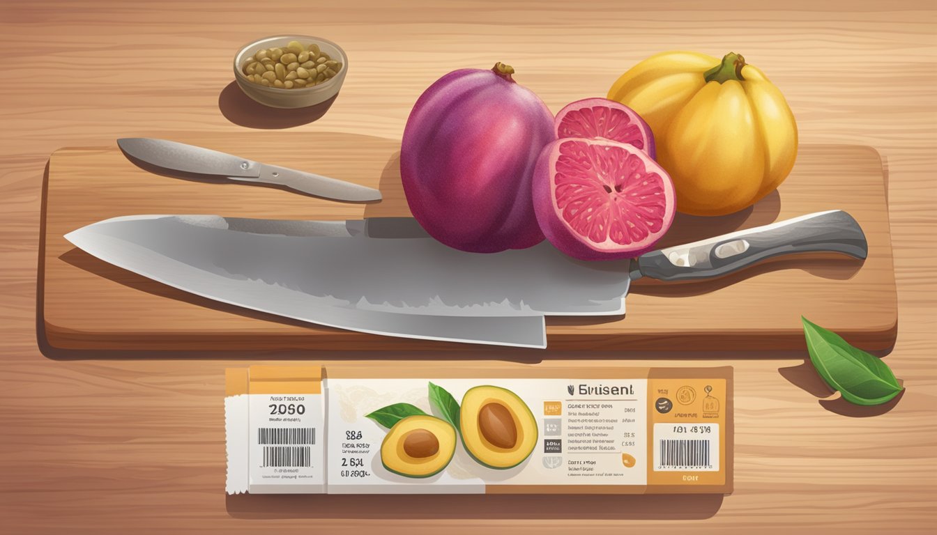 A ripe xigua sits on a wooden cutting board next to a knife and a nutrition label