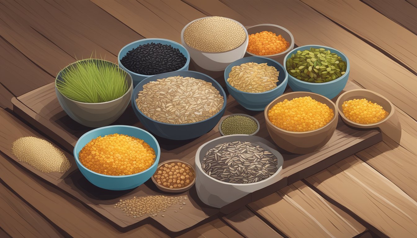 A colorful array of alternative grains and substitutes, including wild rice, quinoa, and barley, displayed on a wooden table