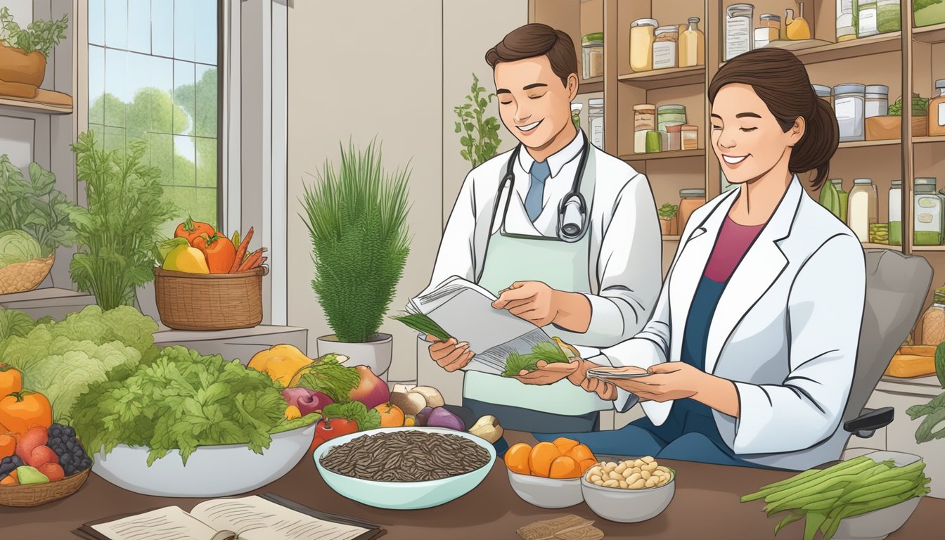 A dietician recommending wild rice to a diabetic patient, surrounded by healthy food options and medical literature