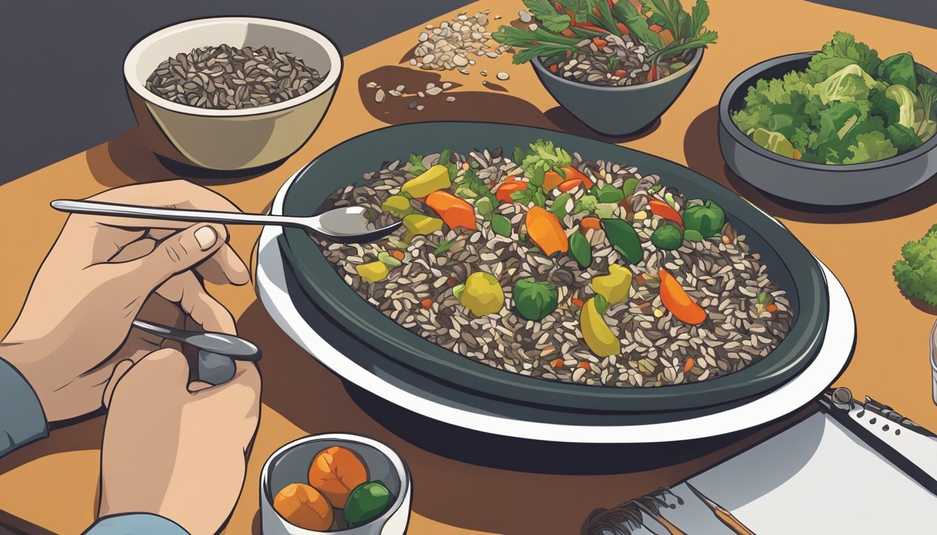 A diabetic person sitting at a table with a bowl of cooked wild rice and a variety of colorful vegetables, indicating a balanced and healthy meal choice