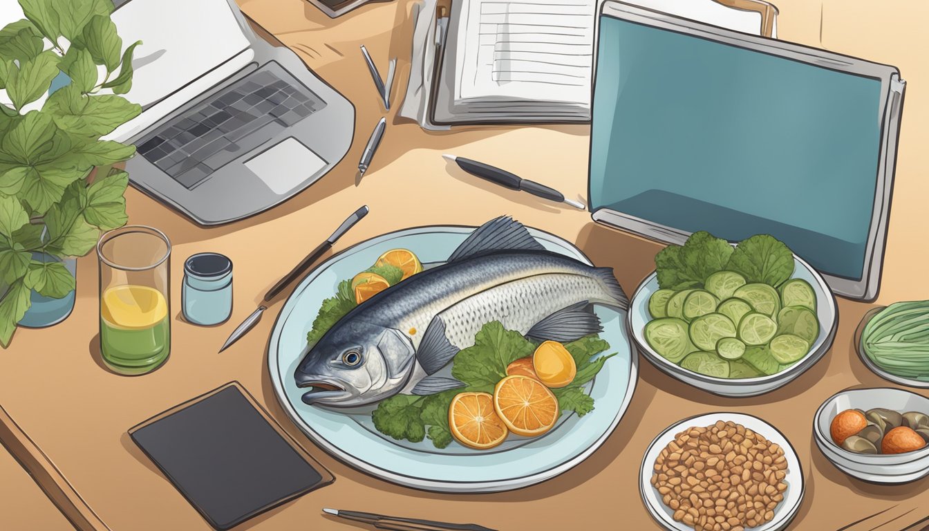 A diabetic person researching online, with a plate of wolffish and various healthy foods on the table