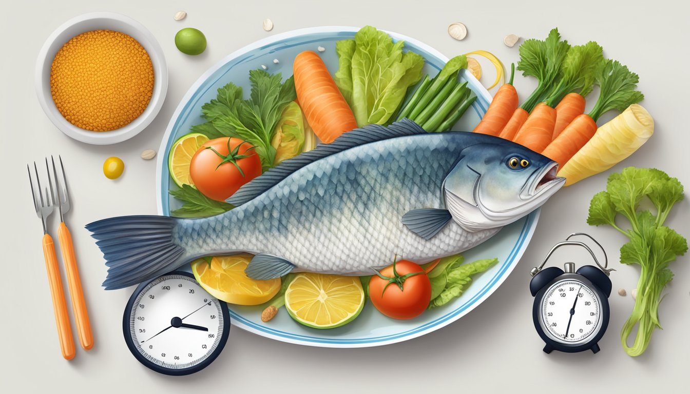 A colorful plate with wolffish, vegetables, and whole grains, surrounded by a measuring tape and a blood glucose monitor