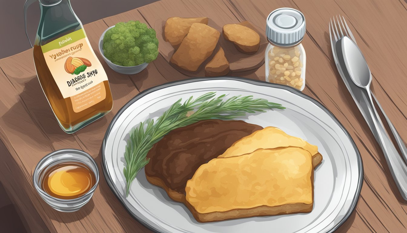 A table with a bottle of yacon syrup, a nutrition label, and a diabetic-friendly meal