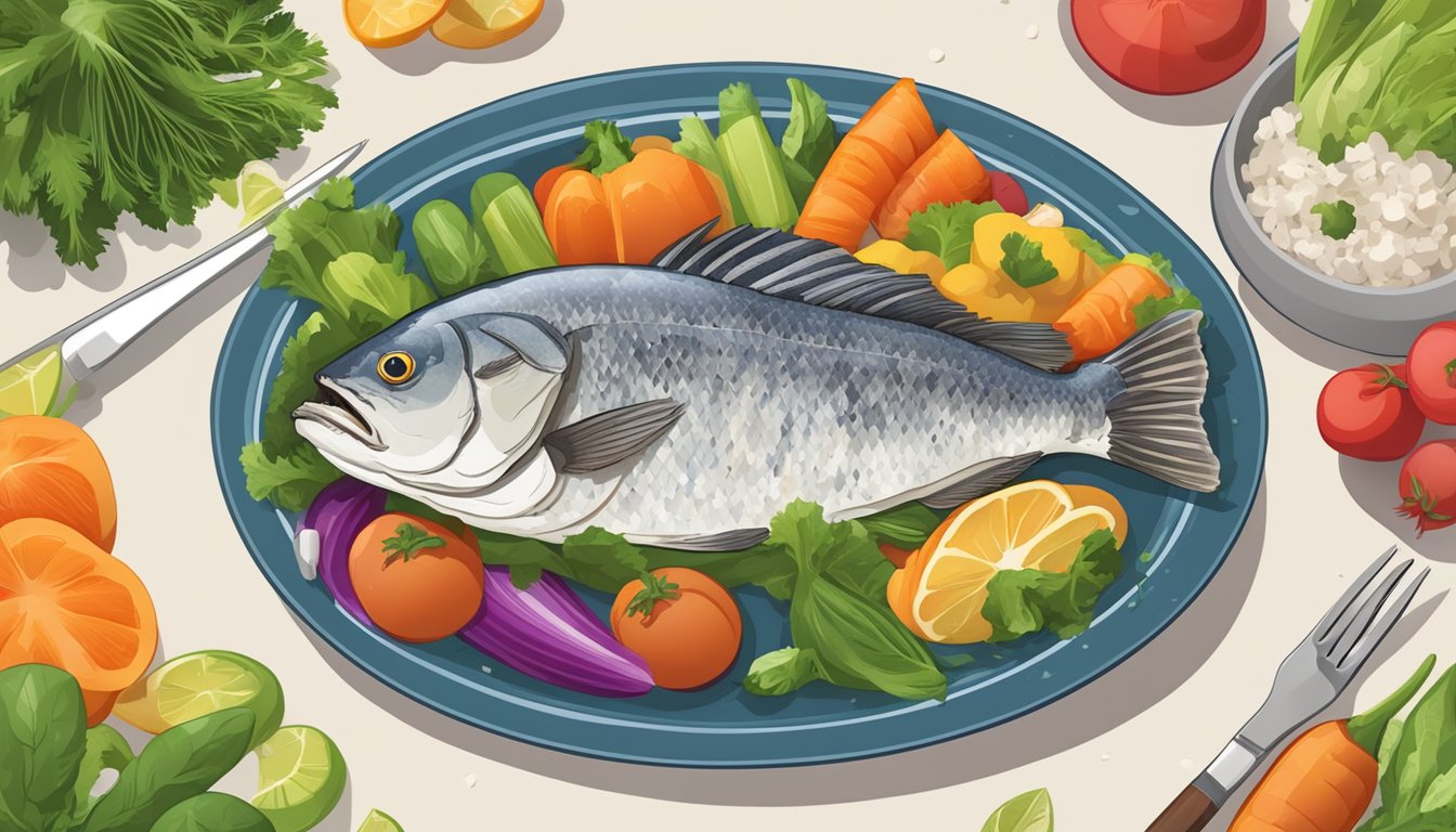 A plate of cooked wolffish surrounded by colorful vegetables and a heart-shaped symbol, representing the impact of seafood on blood sugar and heart health