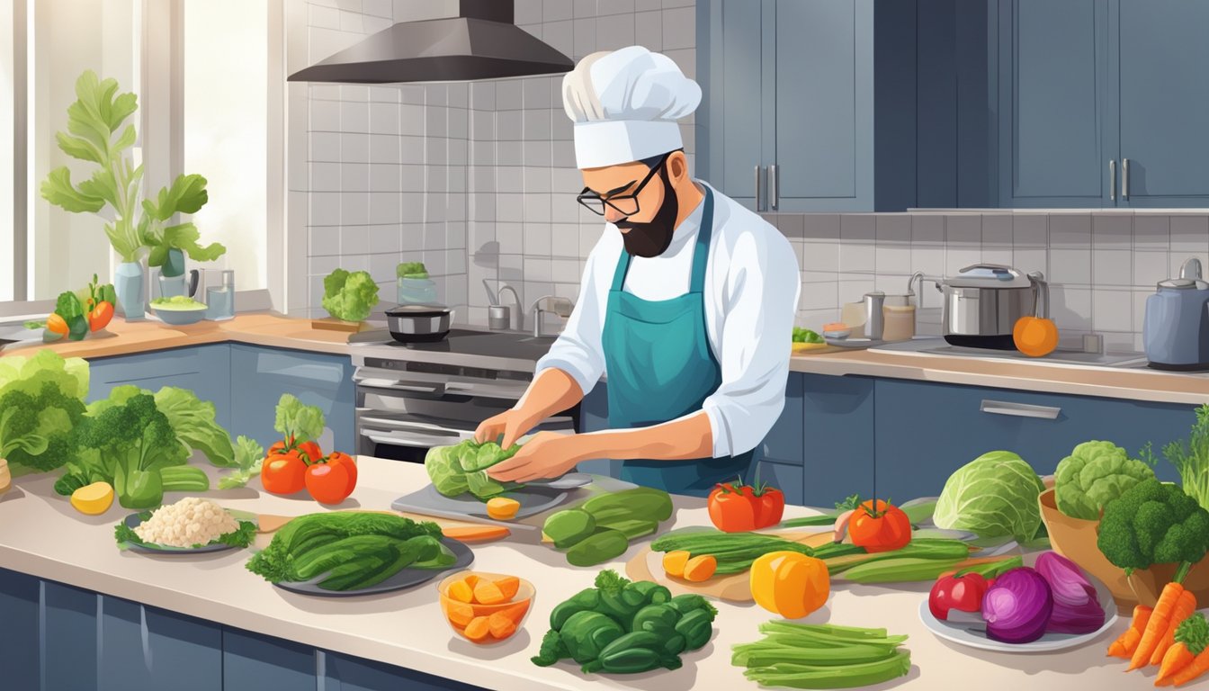 A diabetic person preparing a delicious and healthy meal using fresh wolffish and colorful vegetables in a modern kitchen