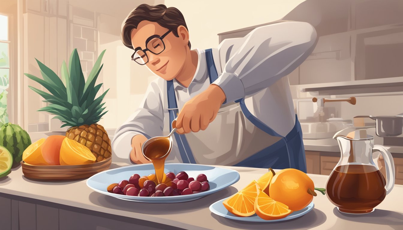 A diabetic person pouring yacon syrup onto a plate of fruit