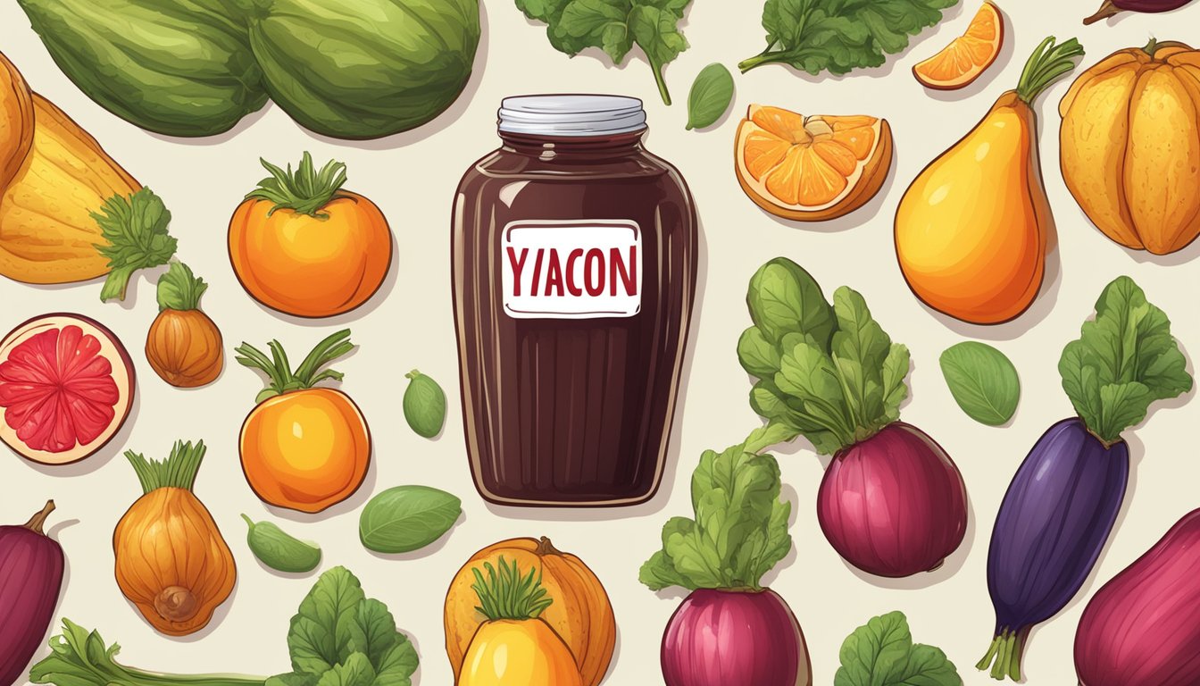 A jar of yacon syrup with a red caution label, surrounded by various fruits and vegetables