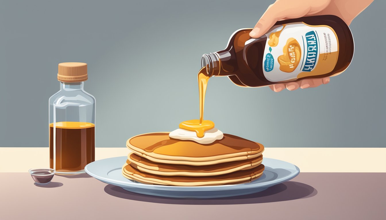 A diabetic person pouring yacon syrup on a stack of pancakes, with a bottle of insulin nearby