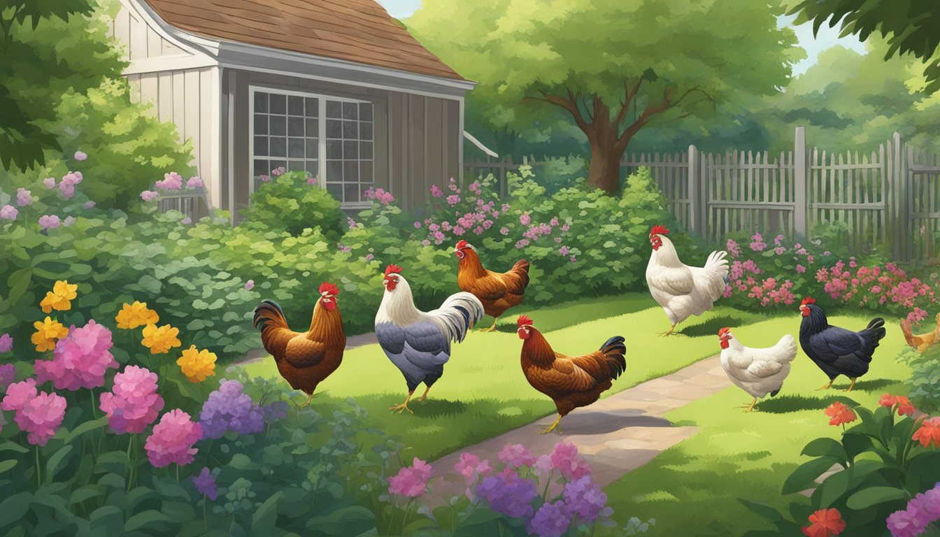 A backyard with chickens pecking at greenery, avoiding toxic plants like azaleas and nightshade