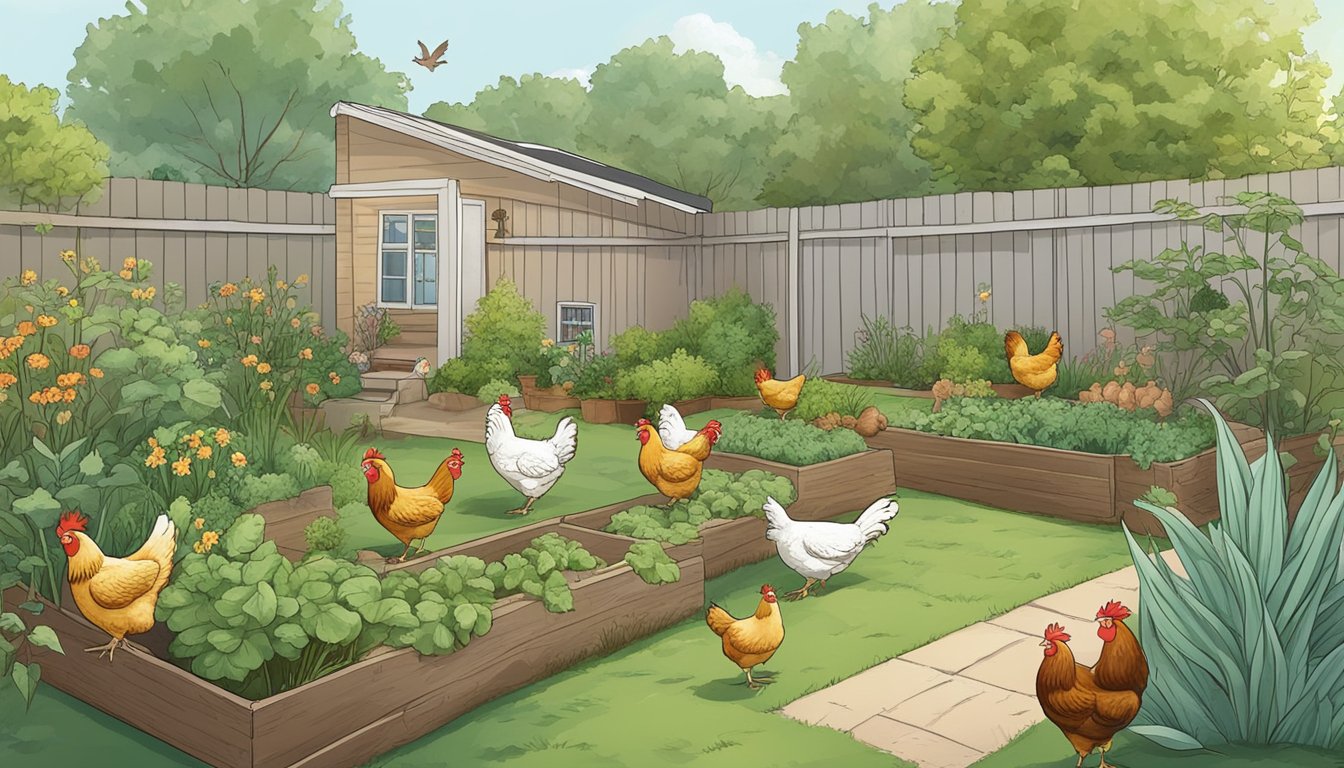 A backyard with chickens surrounded by a variety of plants. Some plants are labeled as toxic to chickens, while others are safe for coexistence