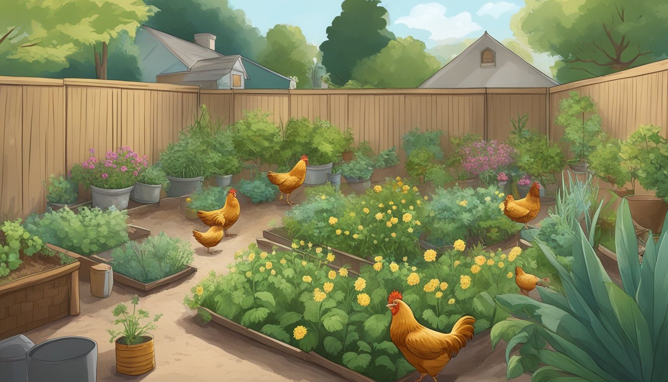 A backyard with various plants, some labeled as toxic to chickens. Chickens pecking at safe plants while a caretaker removes harmful ones