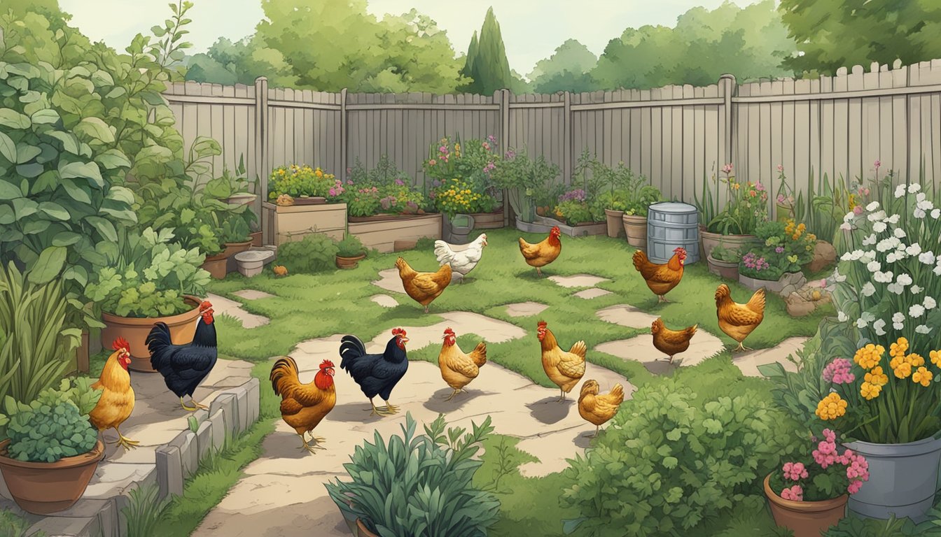 A backyard with chickens roaming freely, surrounded by a variety of plants. Some plants are labeled as toxic to chickens, while others are safe for them to peck at