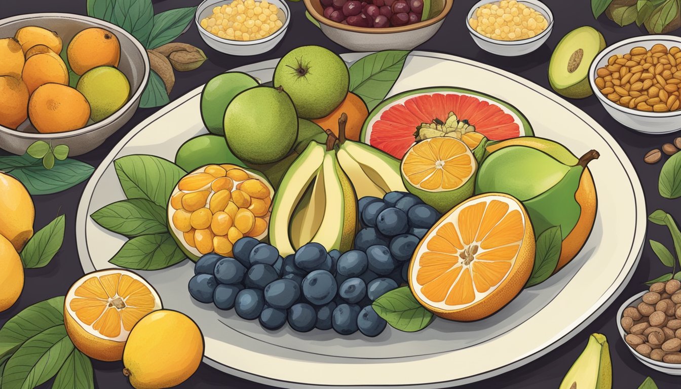 A plate of fresh ximenia fruit surrounded by a variety of diabetic-friendly foods