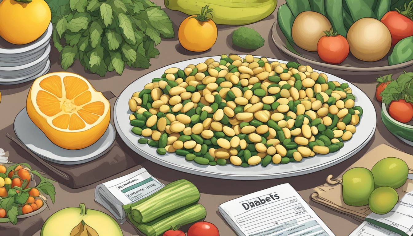 A plate of yellow eye beans surrounded by various fruits and vegetables, with a nutrition label and a diabetes education book in the background