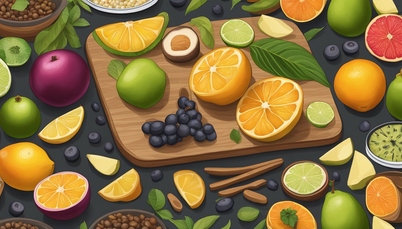 Ximenia fruits arranged on a cutting board, surrounded by various cooking ingredients and utensils