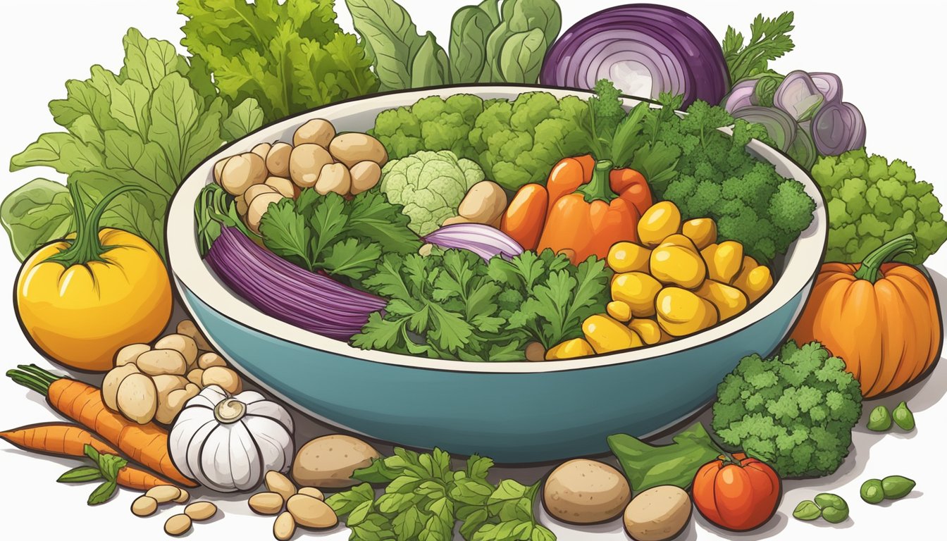 A bowl of yellow eye beans surrounded by a variety of colorful vegetables and herbs, with a diabetes-friendly symbol displayed nearby