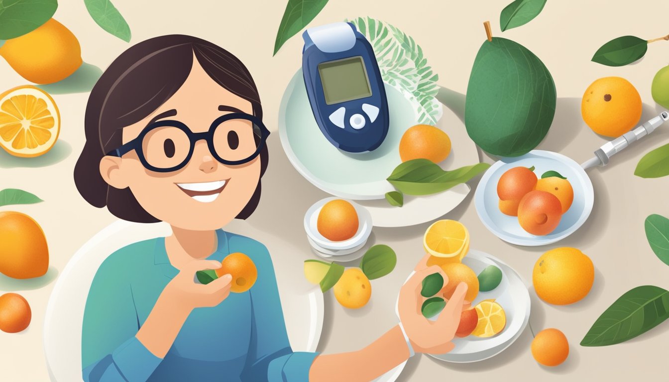 A diabetic person enjoying a plate of ximenia fruit while monitoring their blood sugar levels with a glucose meter nearby