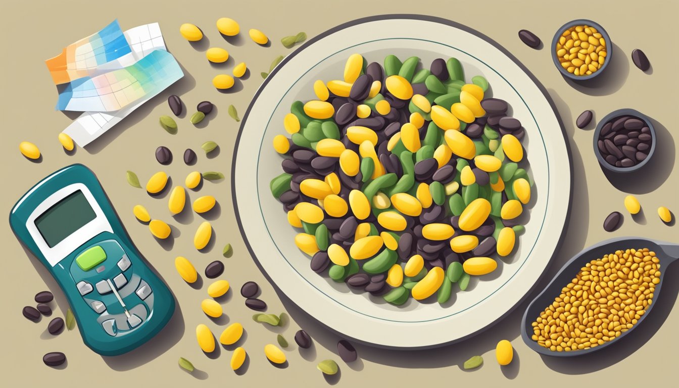 A colorful plate of yellow eye beans surrounded by various types of beans, with a measuring tape and a blood glucose monitor in the background